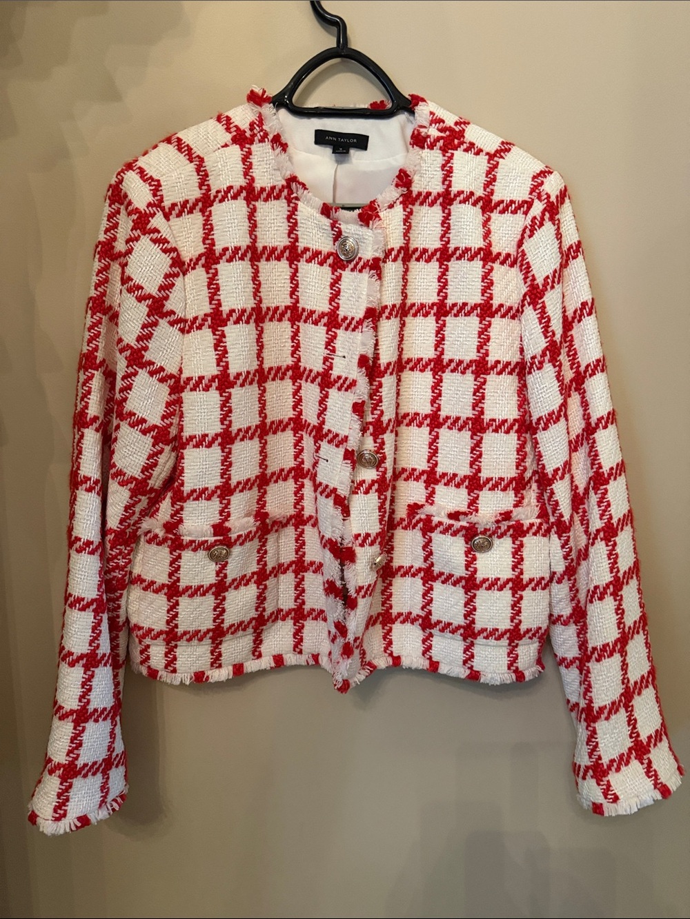 Ann Taylor Red & White Check Tweed Blazer Jacket